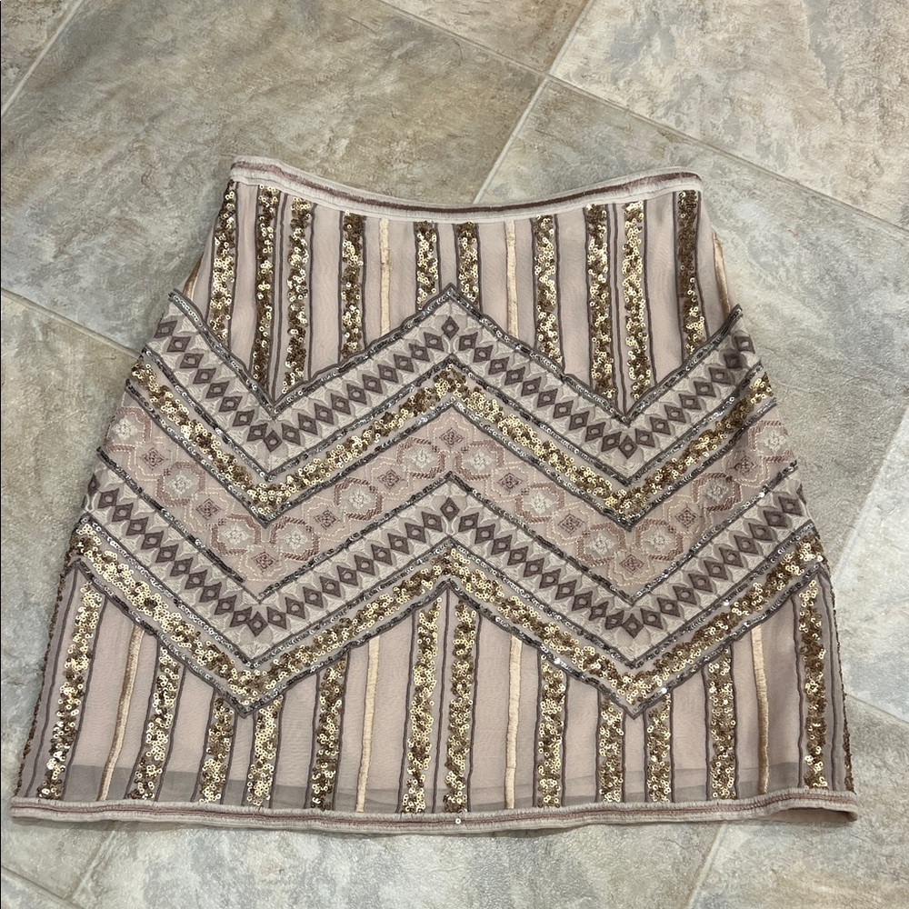 Elegant Beige and Gold Embellished Mini Skirt
